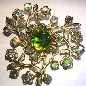 Vintage Selro Selini UnSigned Green Rhinestone Aurora Borealis Flower Pin Brooch